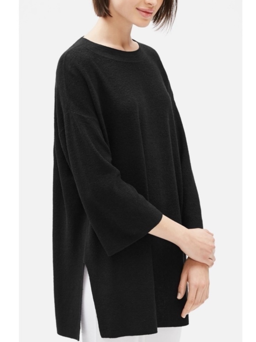 NWT Eileen Fisher Black Organic Linen Stretch Crepe Crew Neck Tunic Top- Large